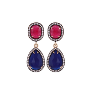 Dainty double drop earrings, ruby with lapis lazuli