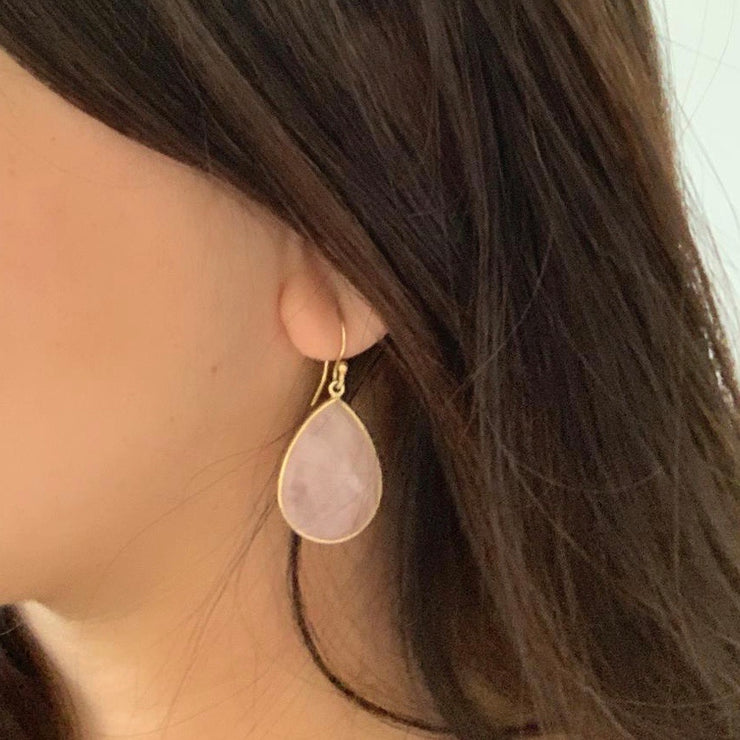 Drop stone hook earrings - rose quartz