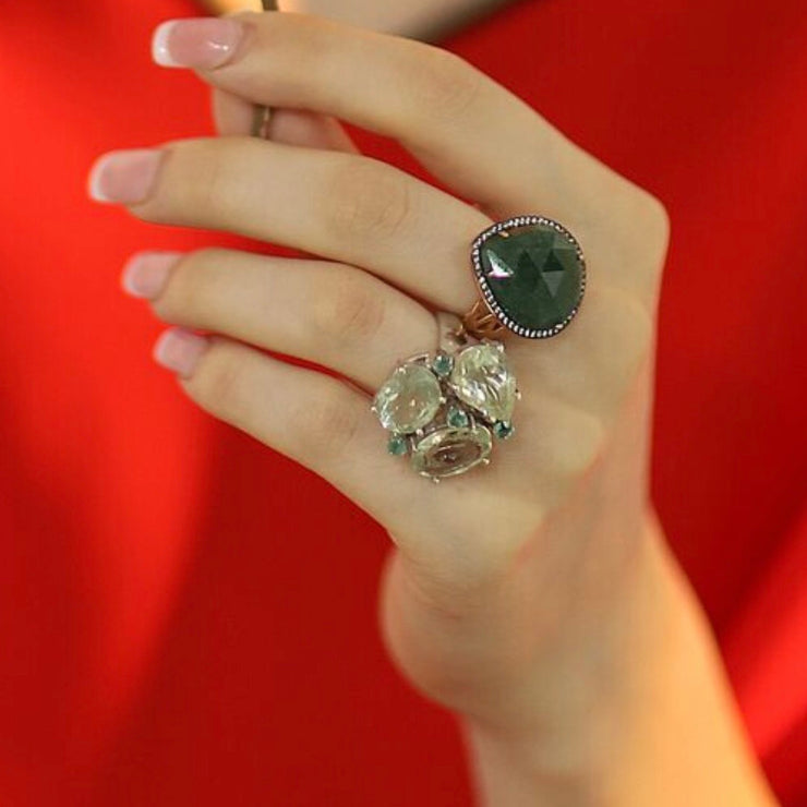 Prong set semi precious gemstone green aventurine ring in gold plated silver