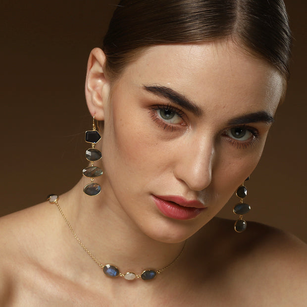 Liya Long drop multistone earrings - Blue/Grey