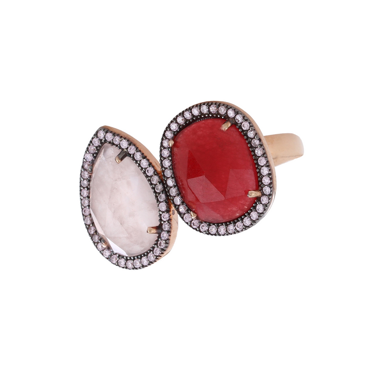 Ruby and rose quartz ring